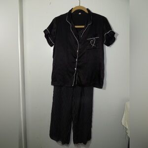 Black Satin Pajama Set with White Trim